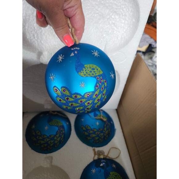 Glitter PEACOCK Purple and Blue Christmas Tree Ornament Set of 4 - Picture 4 of 4